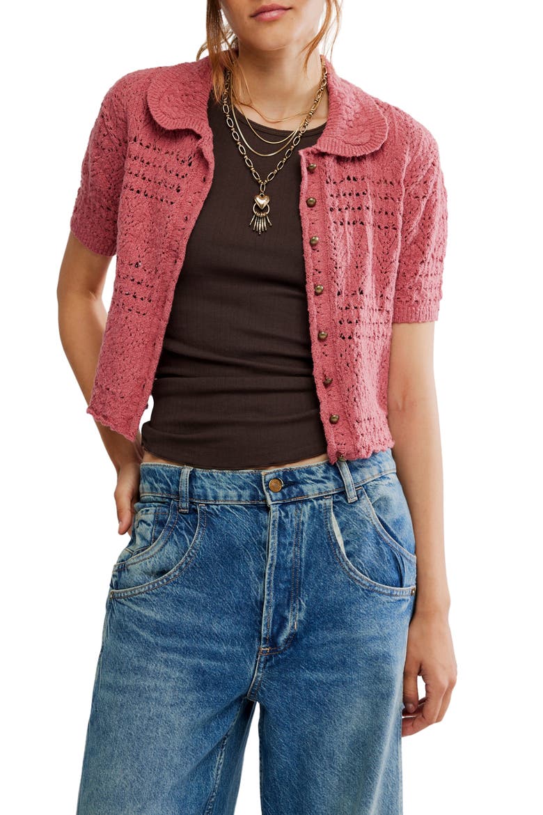 Daylight Collared Short Sleeve Cotton Blend Cardigan, Main, color, FADED ROSE
