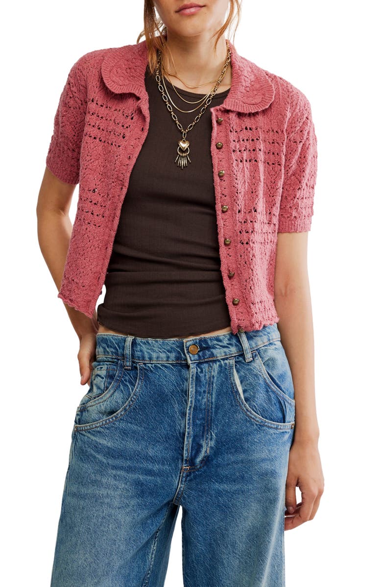 Free People Daylight Collared Short Sleeve Cotton Blend Cardigan, Main, color, Faded Rose