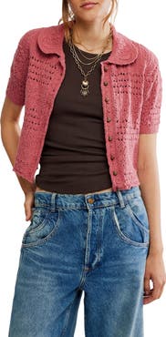 Free People Daylight Collared Short Sleeve Cotton Blend Cardigan