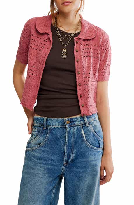 Free People Daylight Collared Short Sleeve Cotton Blend Cardigan