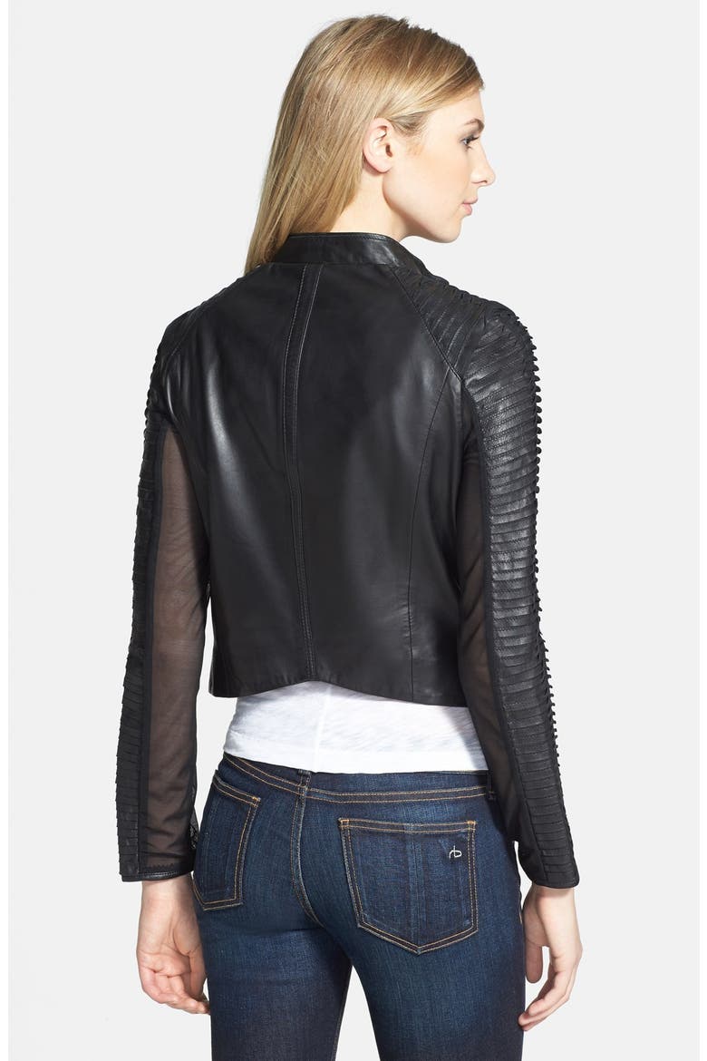 Stripe Sleeve Detail Leather Jacket, Alternate, color, BLACK