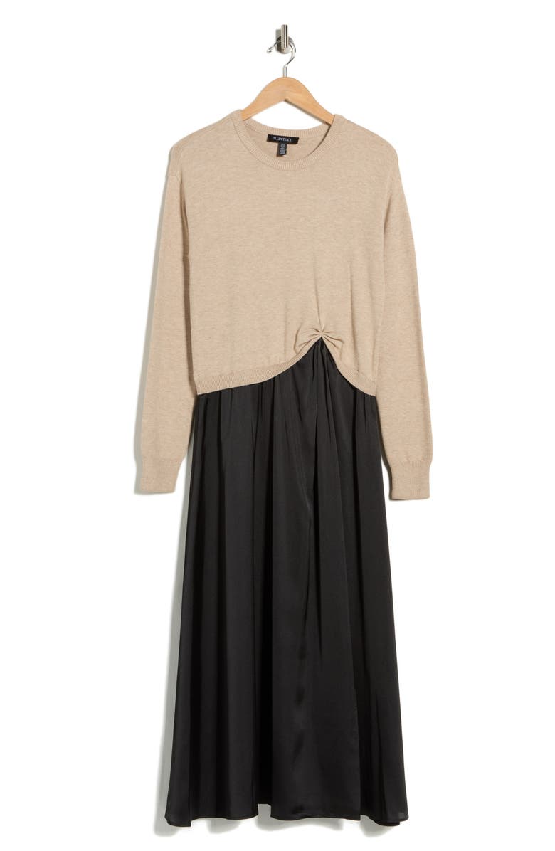 Ellen Tracy Long Sleeve Mixed Media Rib & Satin Maxi Dress, Alternate, color, Taupe Mix