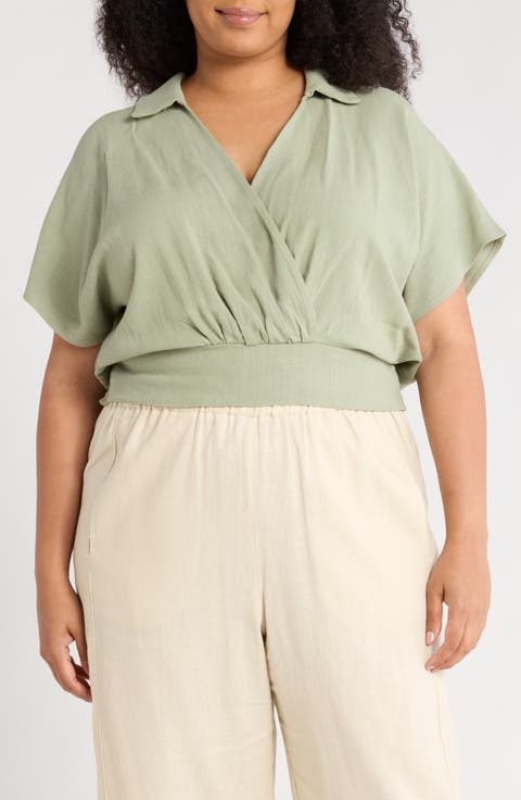 Collared Short Sleeve Crop Top (Plus)