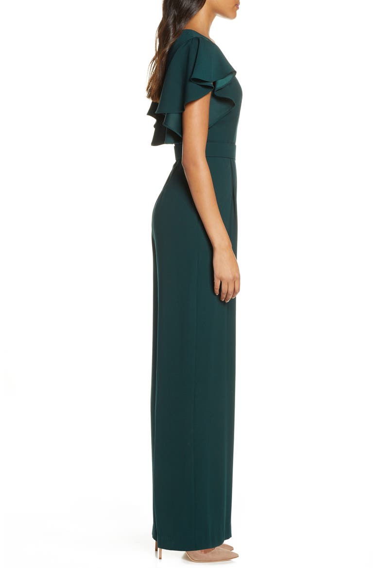 Flutter Sleeve Belted Satin Jumpsuit, Alternate, color, HUNTER