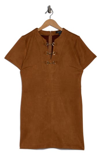 Ellen Tracy Horsebit Detail Faux Suede Shift Dress In Brown