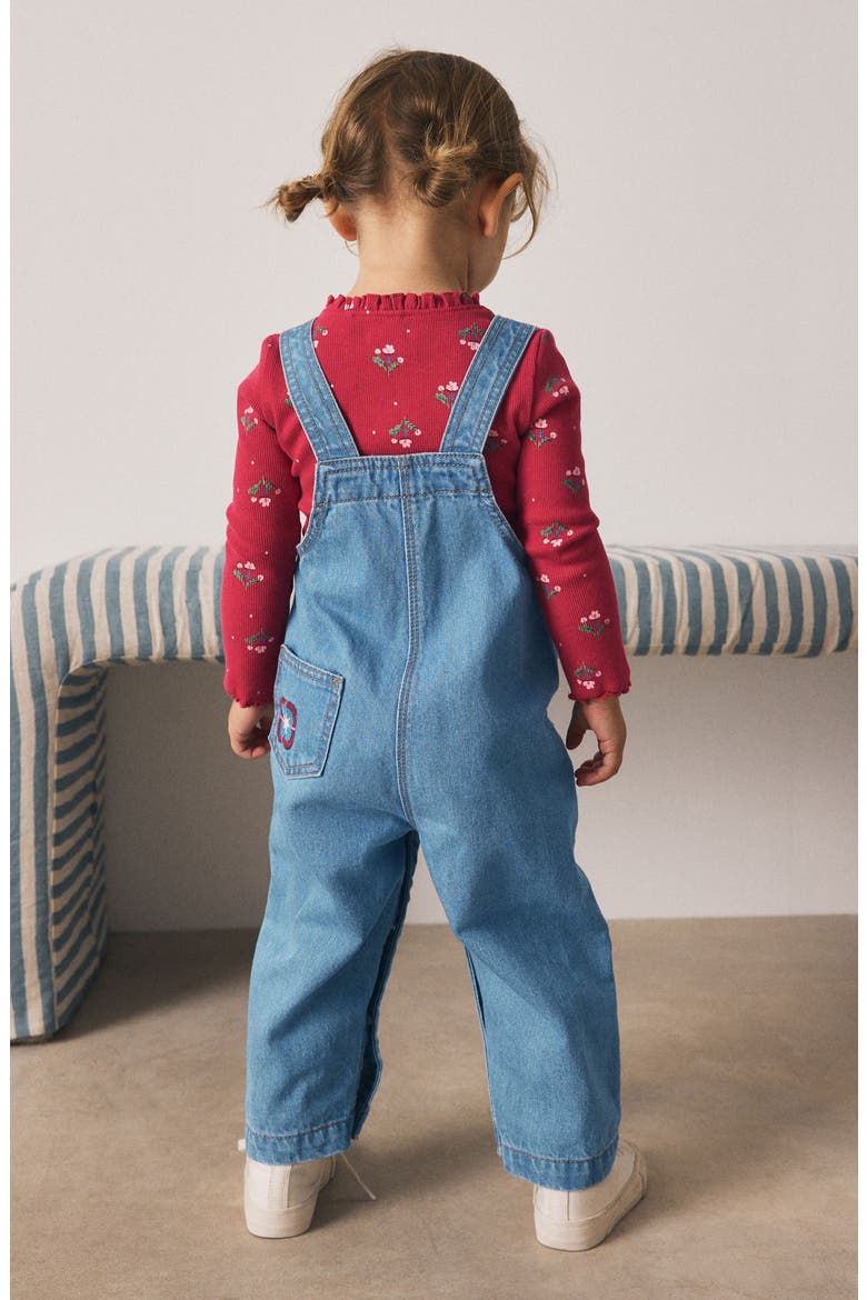 Kids' Long Sleeve Top & Embroidered Denim Overalls Set, Alternate, color, BLUE