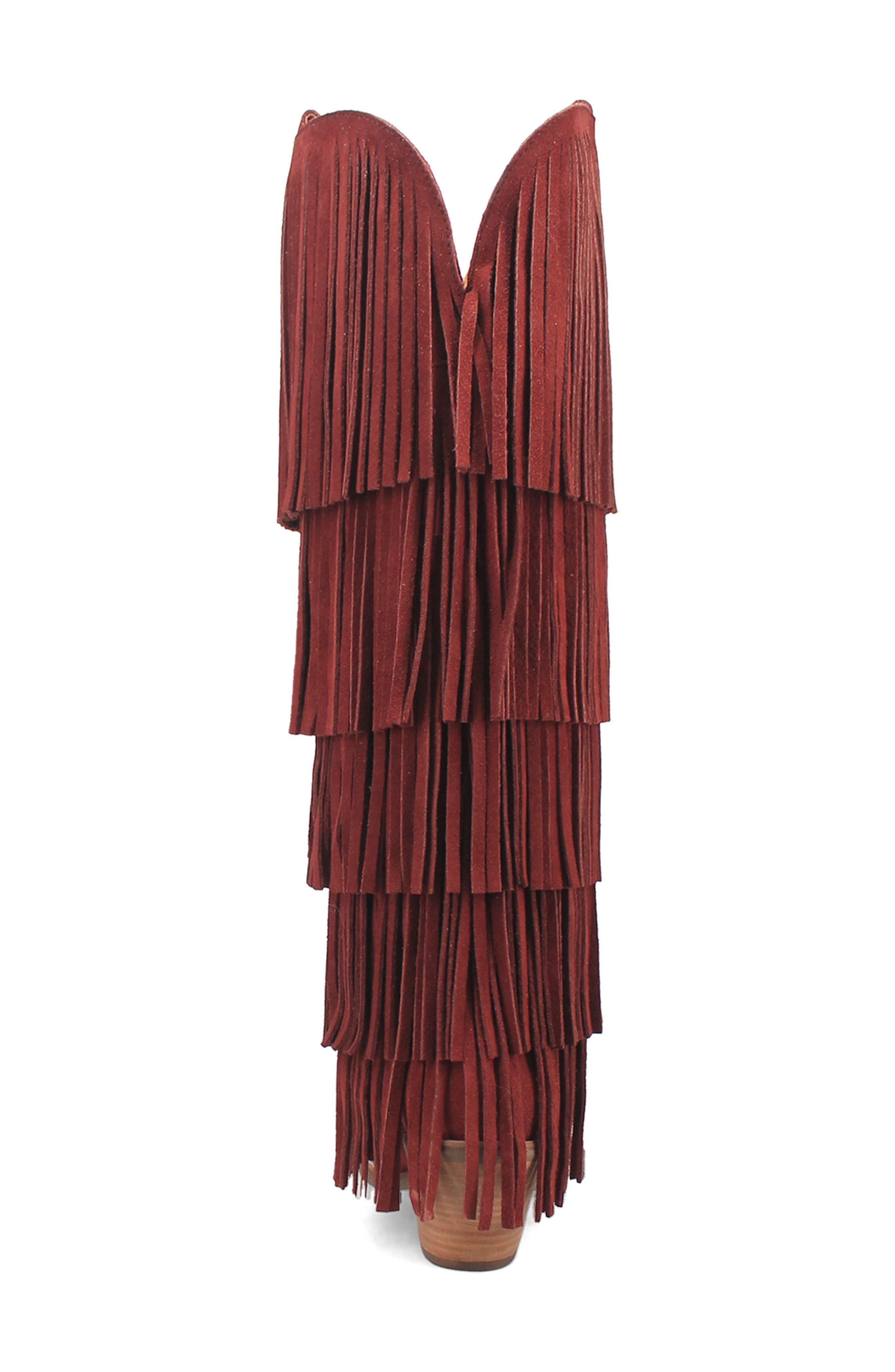 Wild Child Fringe Knee High Western Boot, Alternate, color, BURGUNDY