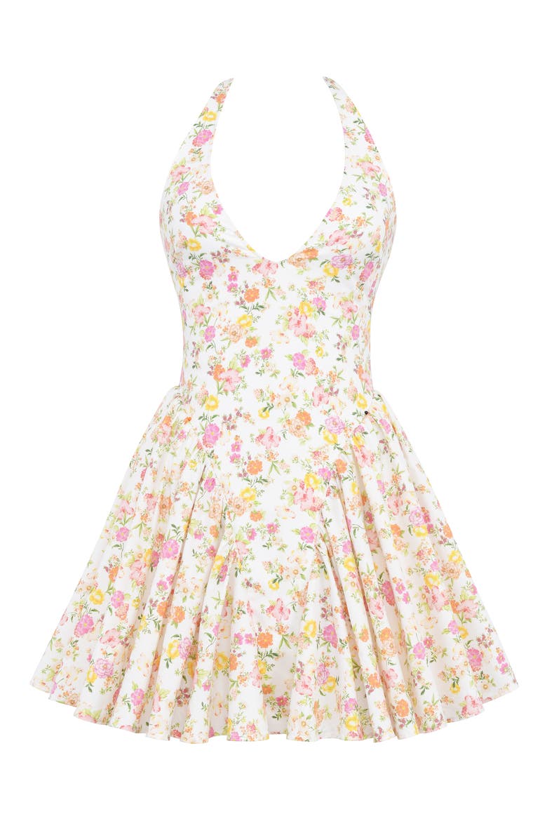 Valentia Plunge Halter Neck Stretch Cotton Minidress, Alternate, color, FLORAL PRINT