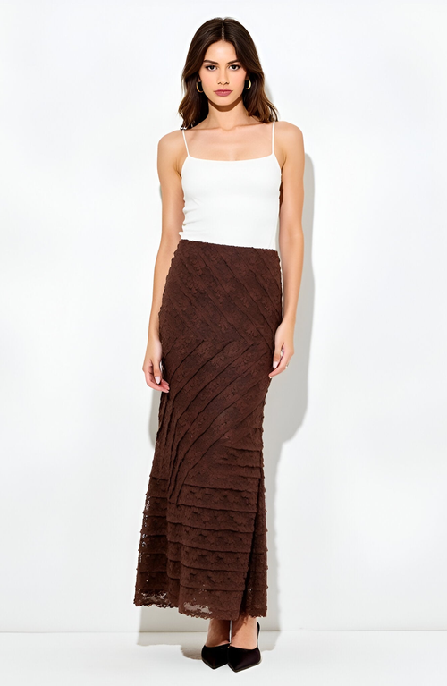 Modenaire Lace Maxi Skirt With Diagonal Panel Detailing And Flared Hem In Brown