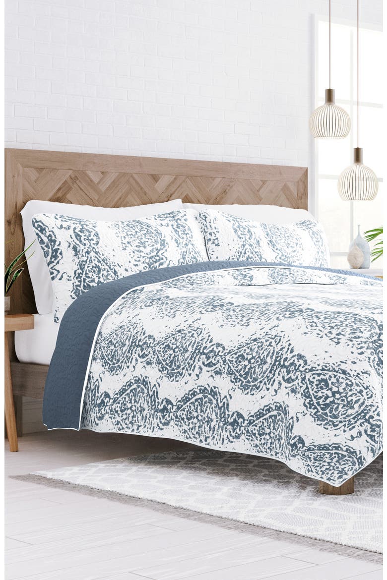 All Season Distressed Damask Reversible Down Alternative Quilt & Sham Set, Alternate, color, DUSK BLUE