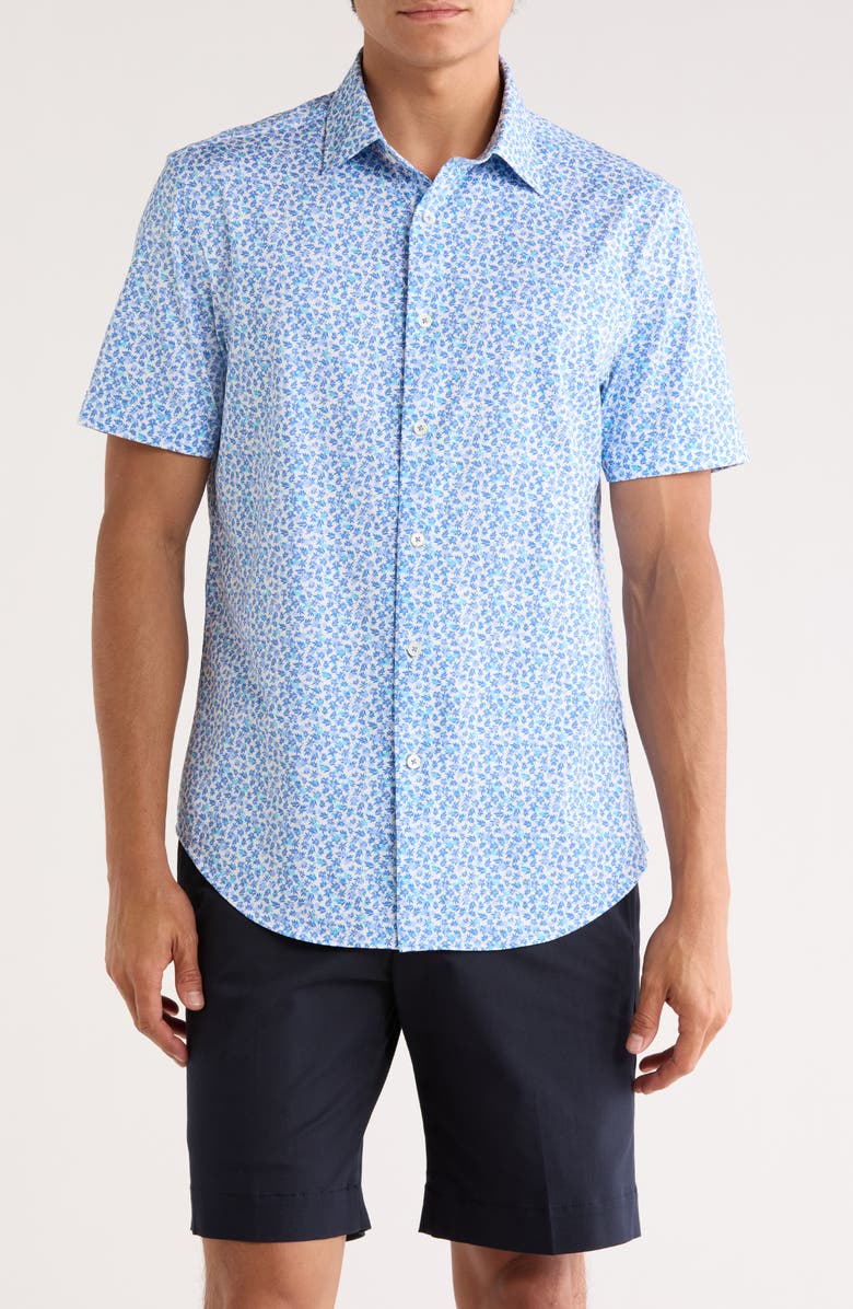Bugatchi Miles Short Sleeve 8-Way Stretch OoohCotton<sup>®</sup> Button-Up Shirt, Main, color, Navy