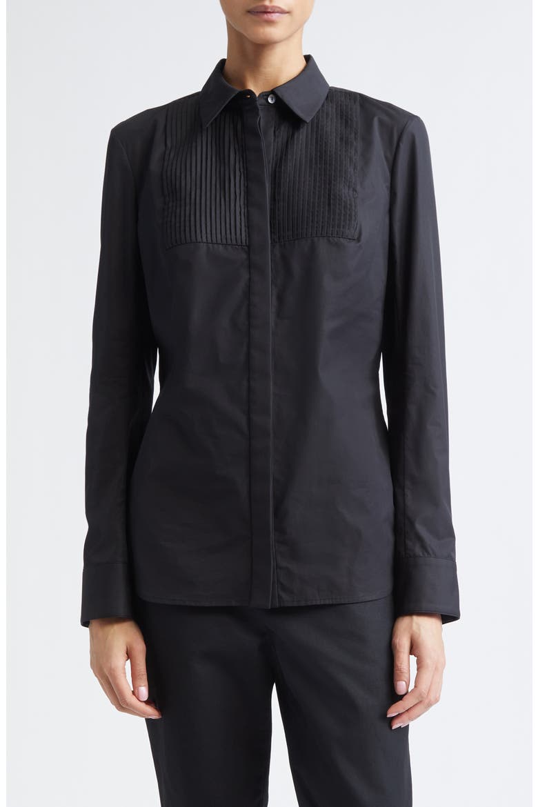 Natalia Pintuck Cotton Poplin Button-Up Shirt, Main, color, BLACK