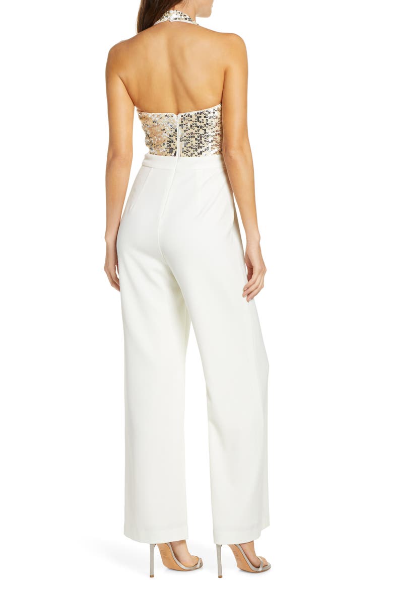 Sequin & Crepe Halter Jumpsuit, Alternate, color, IVORY