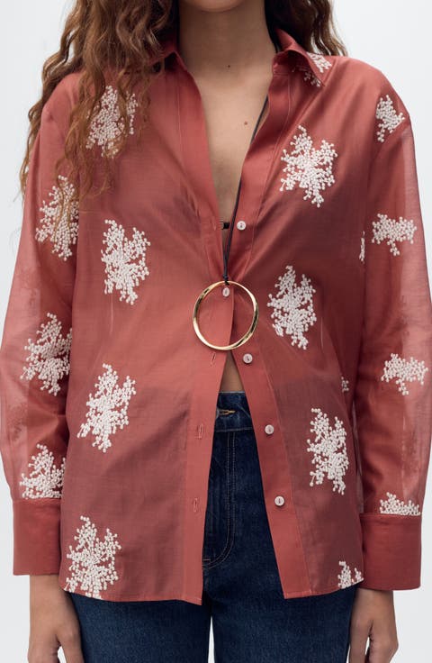 Embroidered Semisheer Button-Up Shirt