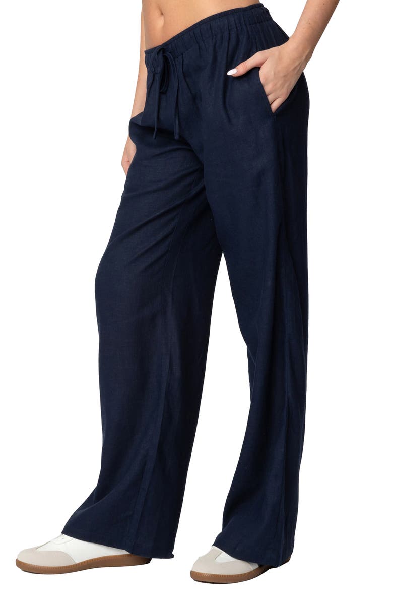 EDIKTED Yasmine Low Rise Linen Blend Drawstring Pants, Alternate, color, Navy