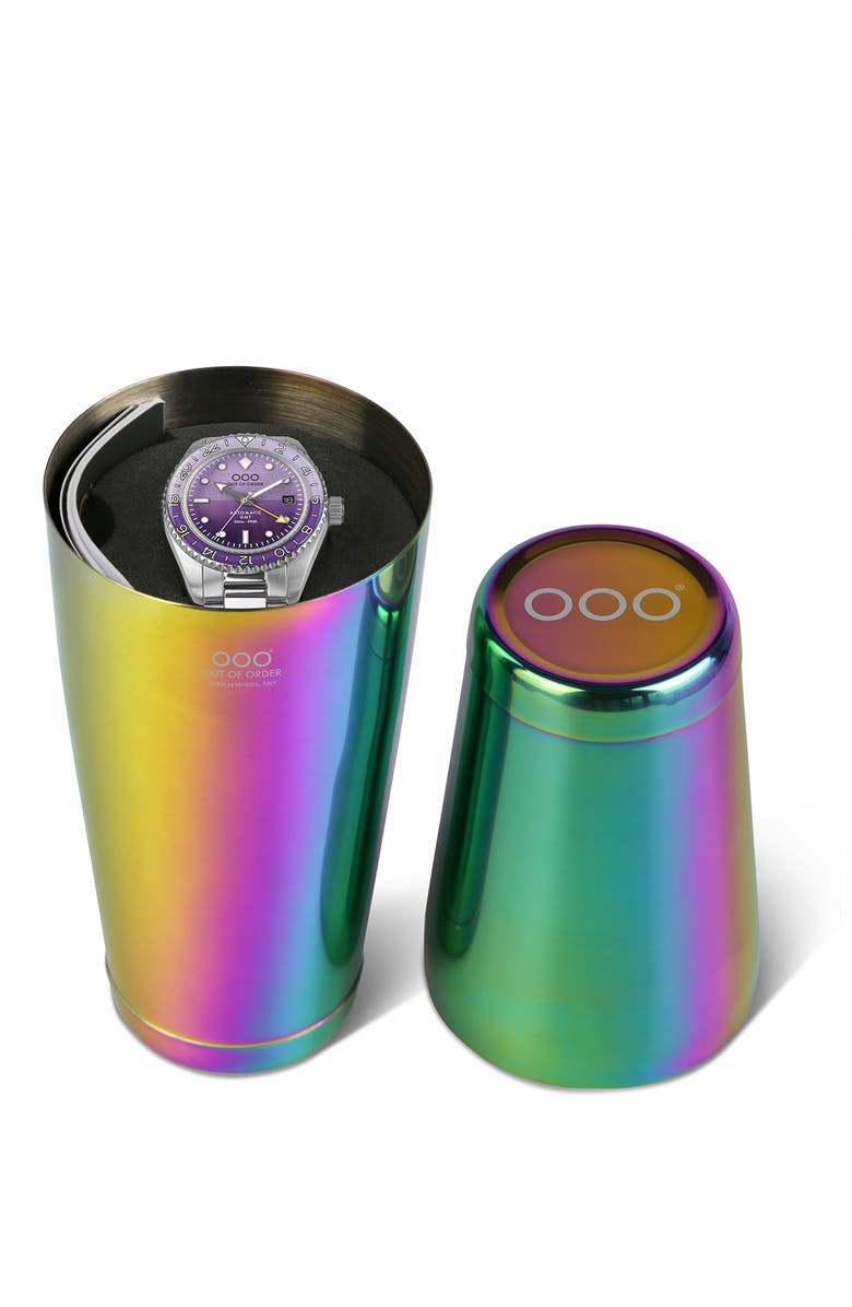OUT OF ORDER Shaker Automatic GMT Ultra Brushed Bracelet Watch, 40mm, Alternate, color, Dark Violet