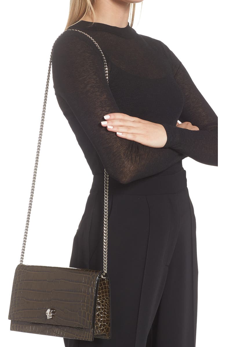 McQueen Alexander McQueen Medium Skull Croc Embossed Leather Crossbody Bag, Alternate, color,