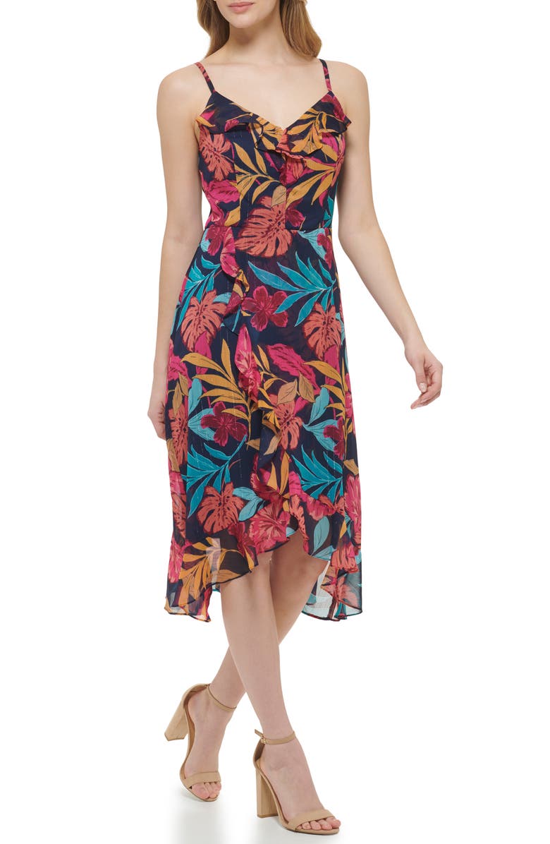 Kensie Tropical Print Ruffle Chiffon Midi Dress, Main, color, 