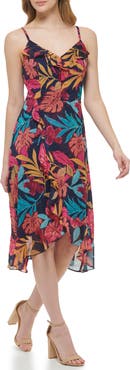 Kensie Tropical Print Ruffle Chiffon Midi Dress