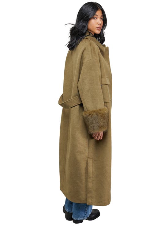 Warehouse Patch Pocket Faux Fur Cuff Maxi Coat In Green