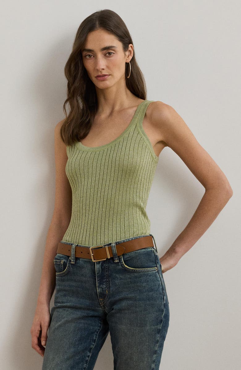 Lauren Ralph Lauren Metallic Linen Blend Rib Tank Top, Alternate, color, Light Olive