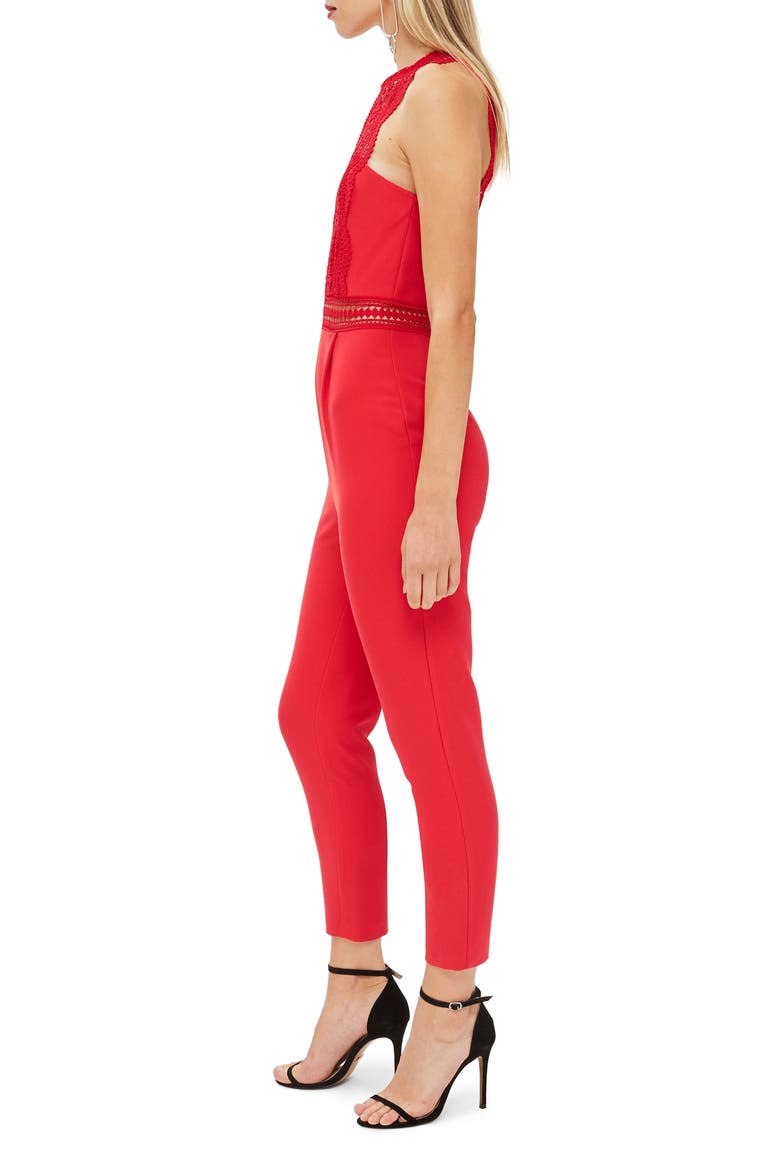 Saskia Lace Trim Jumpsuit, Alternate, color, RED
