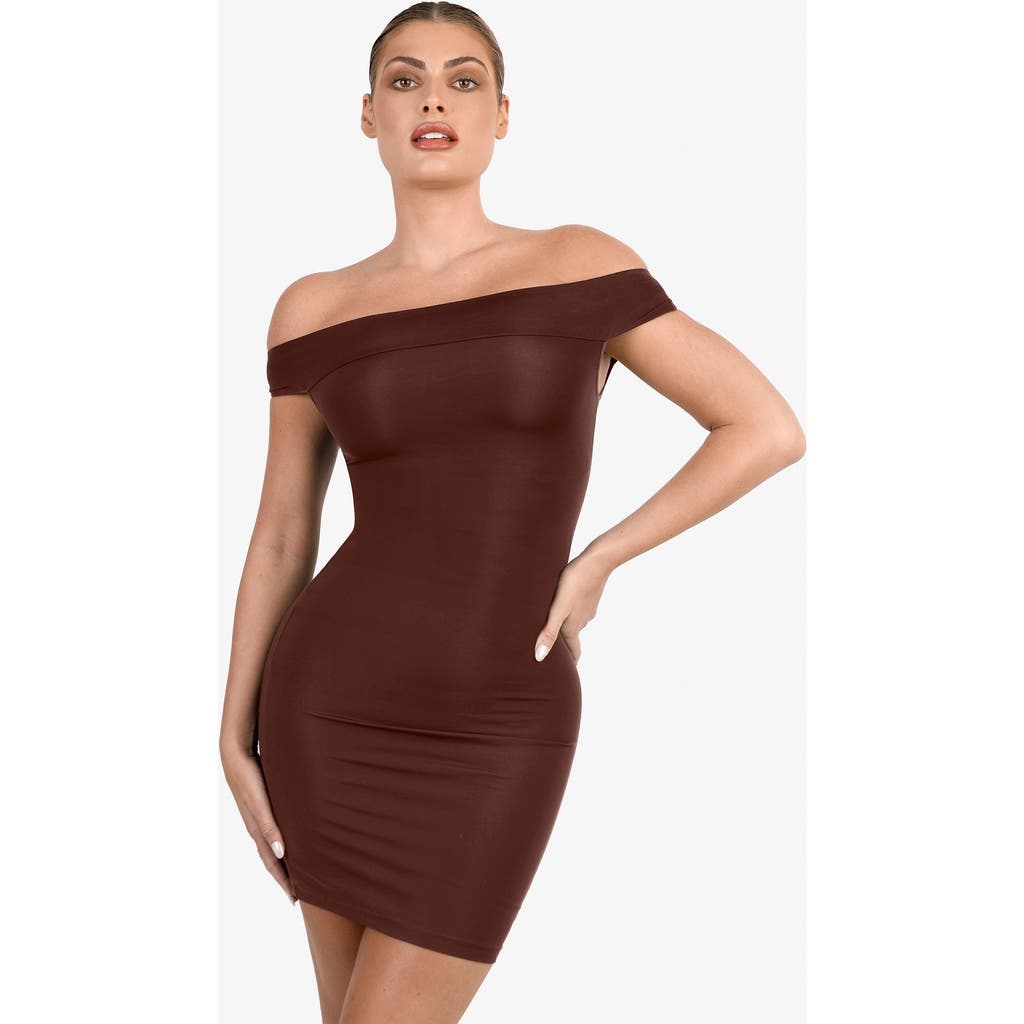 Popilush Shapewear Off-the-shoulder Bodycon Mini Dress In Deep Coffee