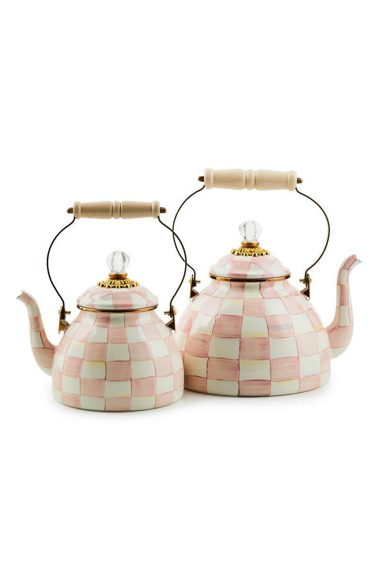 MACKENZIE CHILDS Rosy Check Enameled Steel 3-Quart Tea Kettle, Alternate, color, Pink/ White