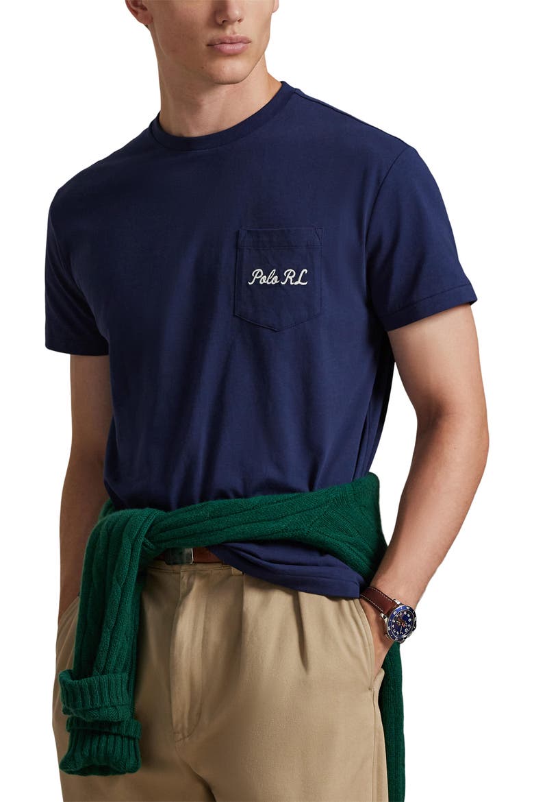 Classic Fit Polo Bear Embroidered Pocket Graphic T-Shirt, Main, color, NEWPORT NAVY-SOCIETY BEAR