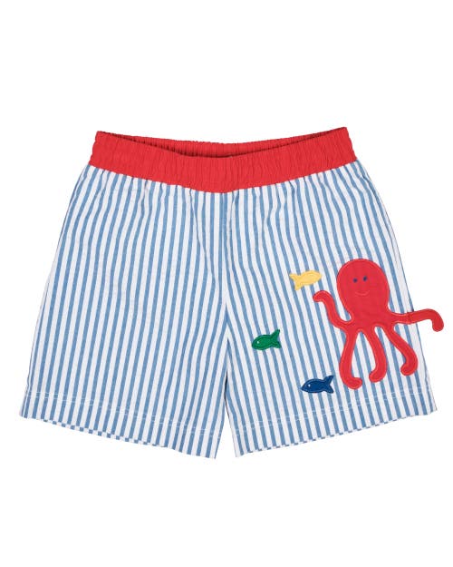 Florence Eiseman Kids'  Seersucker Swim Trunk With Octopus In Blue