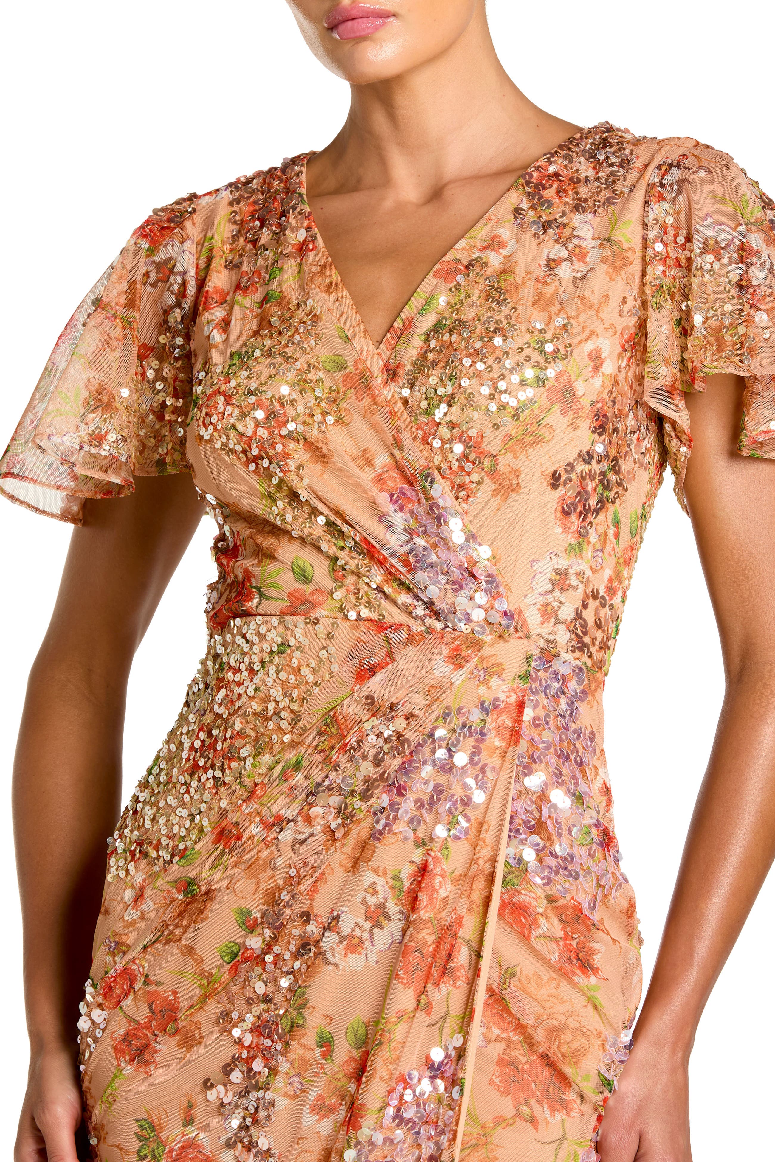 mac duggal floral flutter sleeve mesh print dress Green Floral Embellished Flutter Sleeve Midi Dress