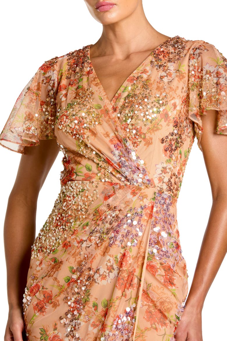 Printed Mesh Flutter Sleeve Faux Wrap Midi Dress, Alternate, color, Apricot