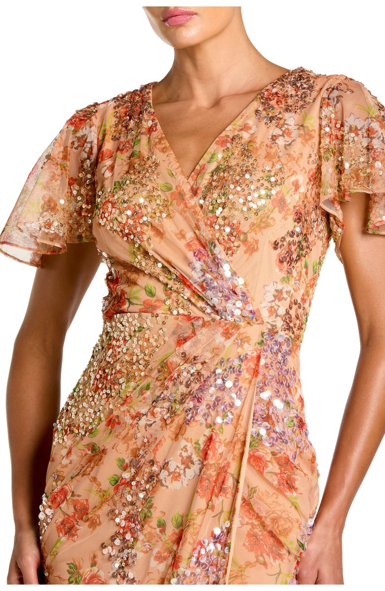 Mac Duggal Printed Mesh Flutter Sleeve Faux Wrap Midi Dress, Alternate, color, Apricot