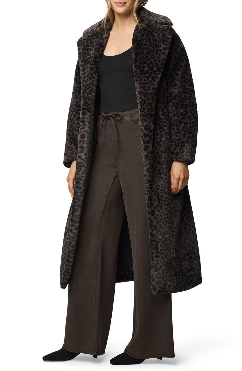 Splendid Lucia Tie Waist Long Faux Fur Coat, Alternate, color, Brown Leopard Print