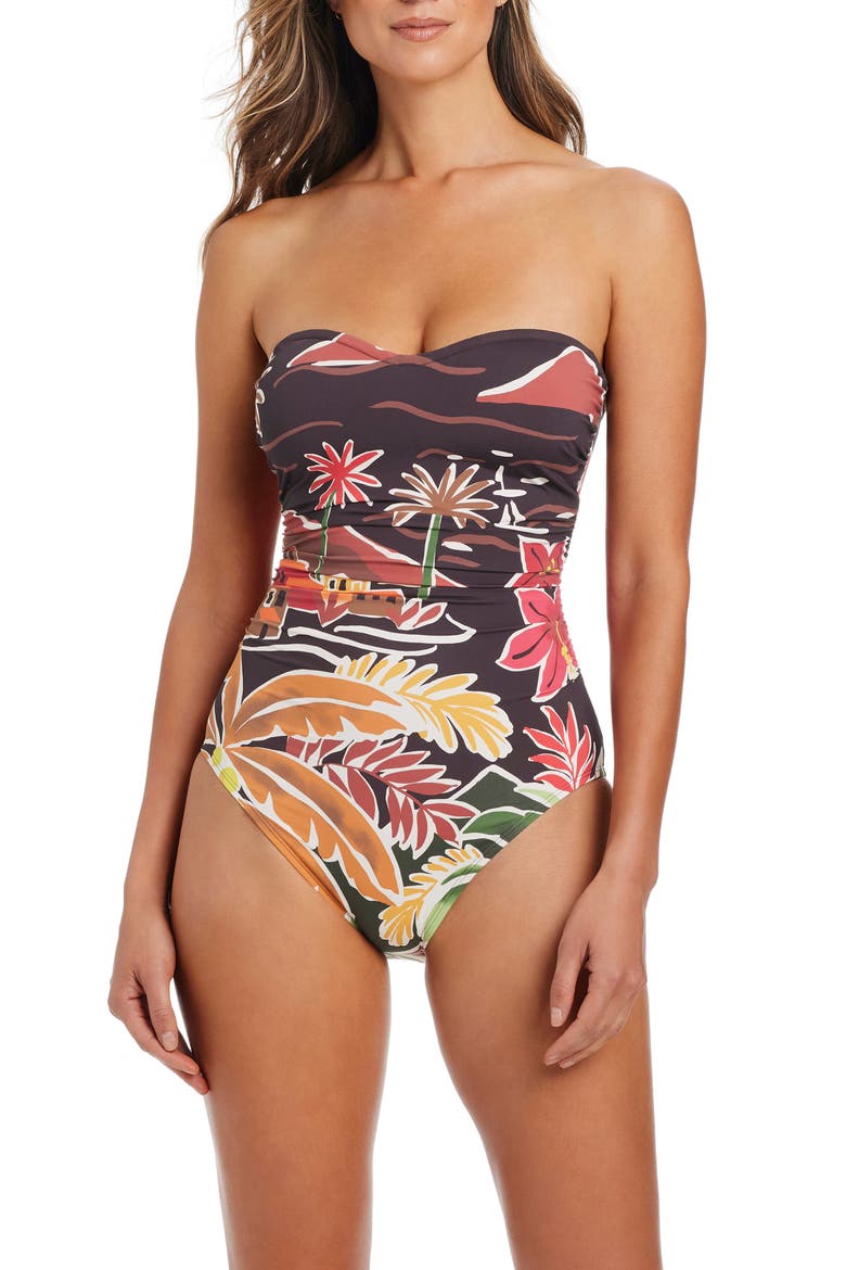 Tropical Print Shirred Bandeau One-Piece Swimsuit, Alternate, color, DARK GRENACHE