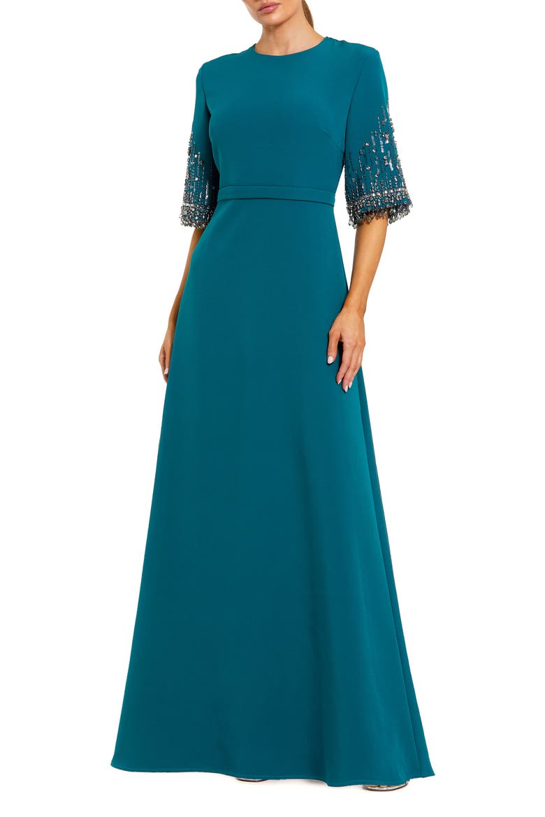 Women's Crepe A Line Gown With Beaded 3/4 Sleeves, Main, color, Ocean