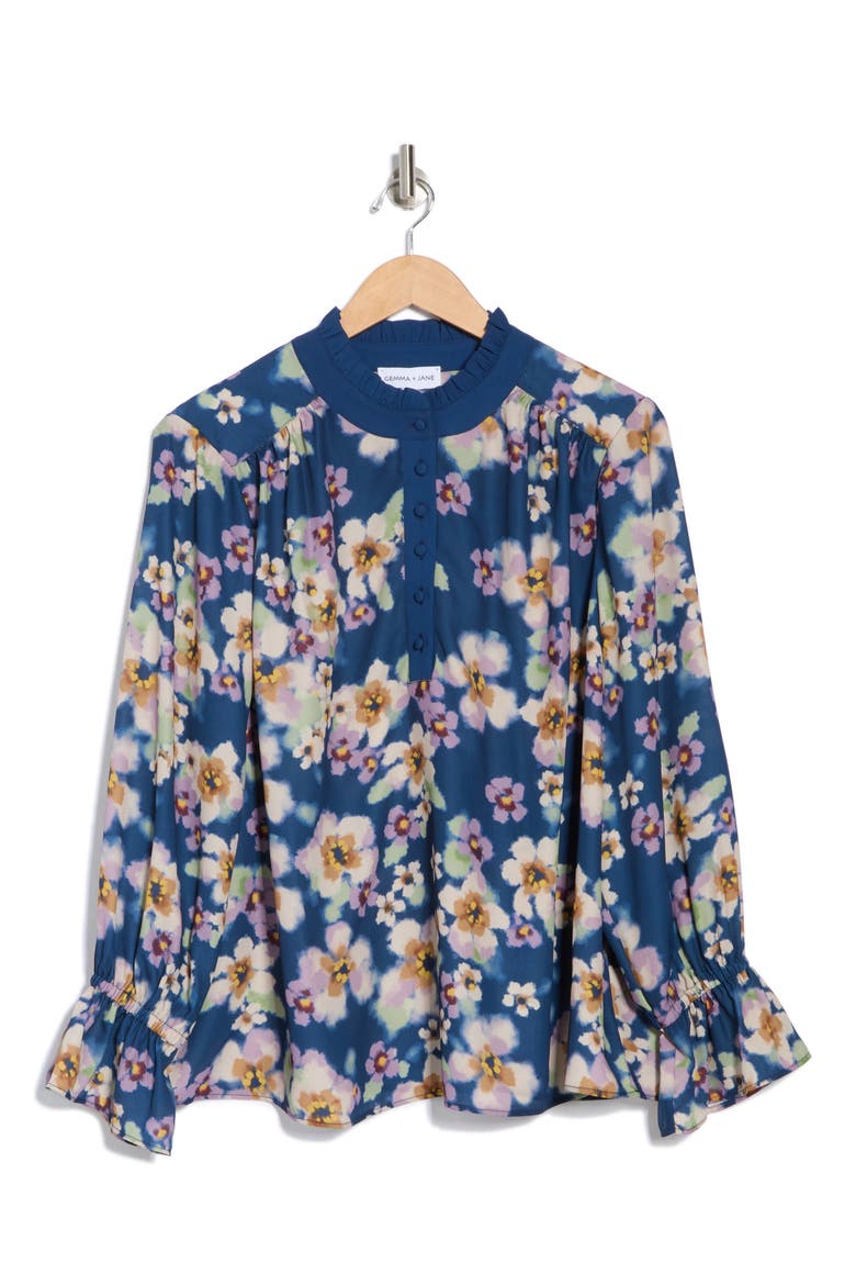 Ruffle Long Sleeve Top, Alternate, color, INDIGO/ GINGER