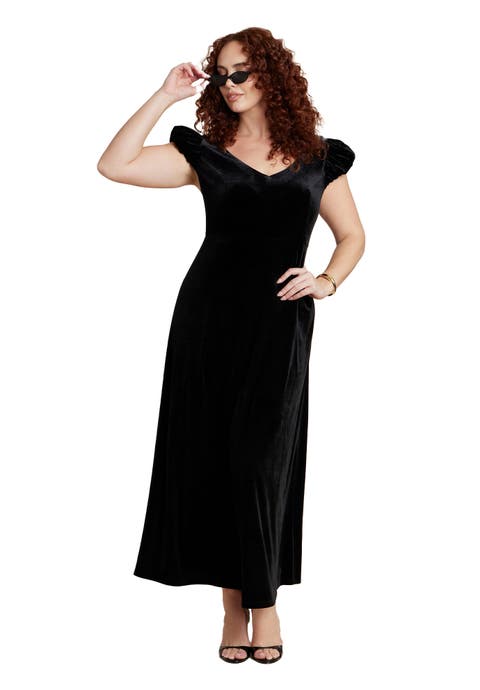 Velvet Short Puff Sleeve Maxi Dress (Plus)