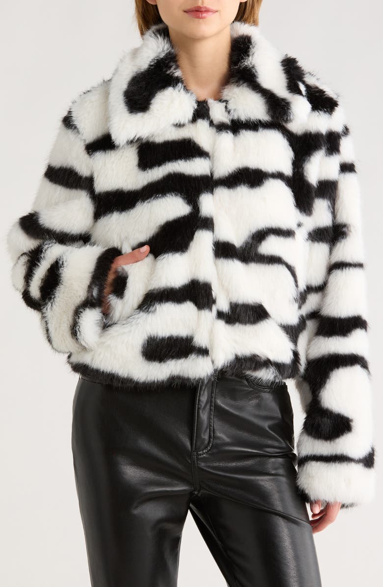 All in Favor Abstract Print Faux Fur Jacket, Alternate, color, Black Off/ White