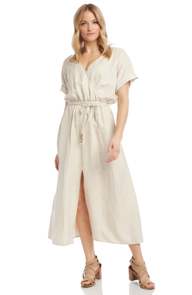 Karen Kane Cuff Sleeve Linen Blend Faux Wrap Dress, Alternate, color,