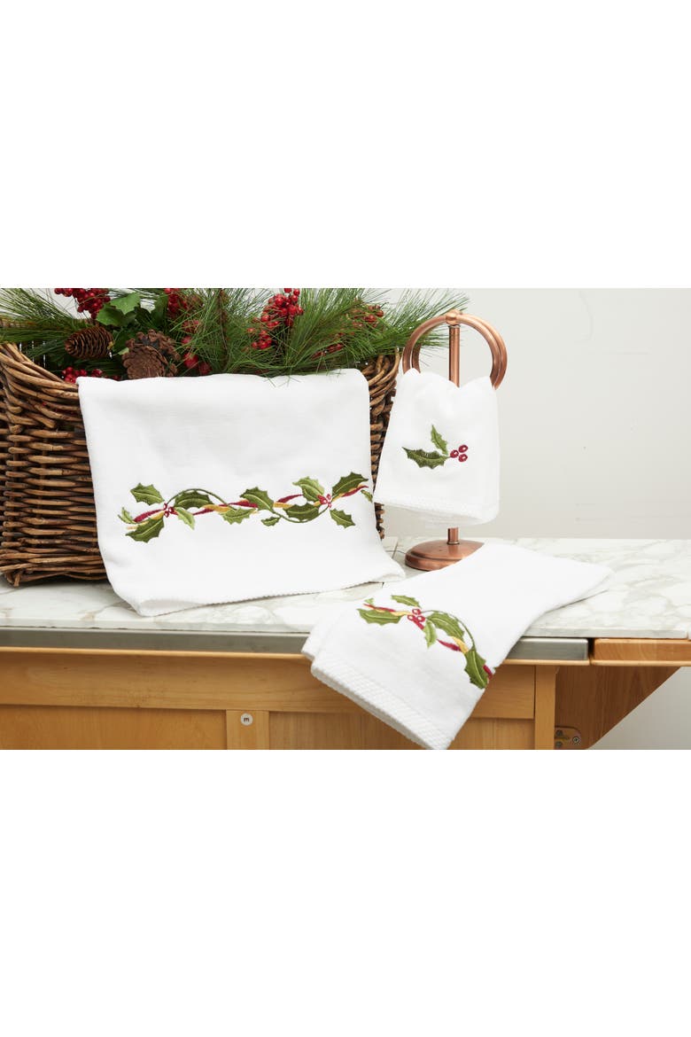 Holly Ribbon Christmas 3-Piece Kitchen & Bathroom Dishtowel Set of 3, Alternate, color, White