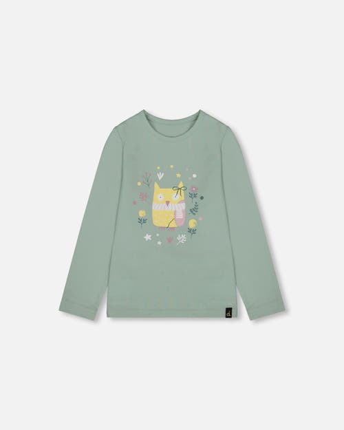 Deux Par Deux Organic Cotton Jersey Top With Owl In Green