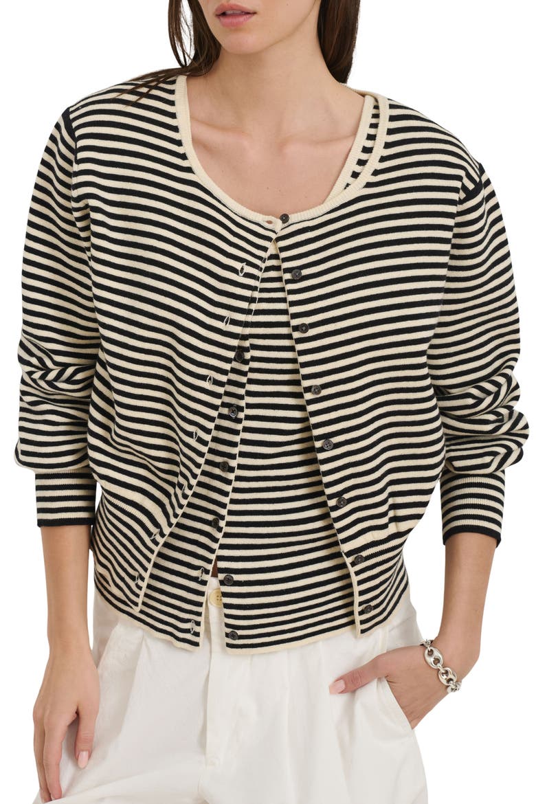 Stripe Puff Sleeve Cardigan, Main, color, CREAM/ BLACK