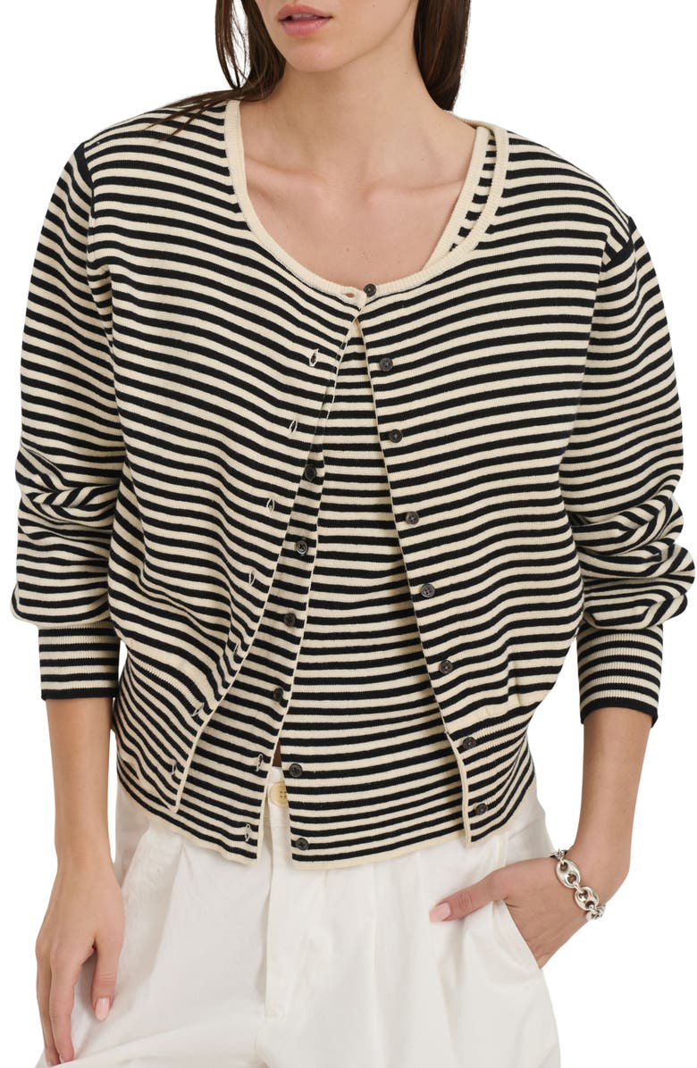 Alex Mill Stripe Puff Sleeve Cardigan, Main, color, Cream/ Black
