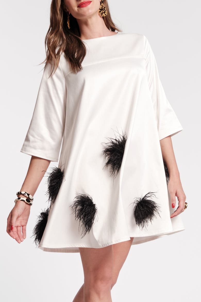 Edie Mini Dress Feather Pouf, Alternate, color, Oyster/Black