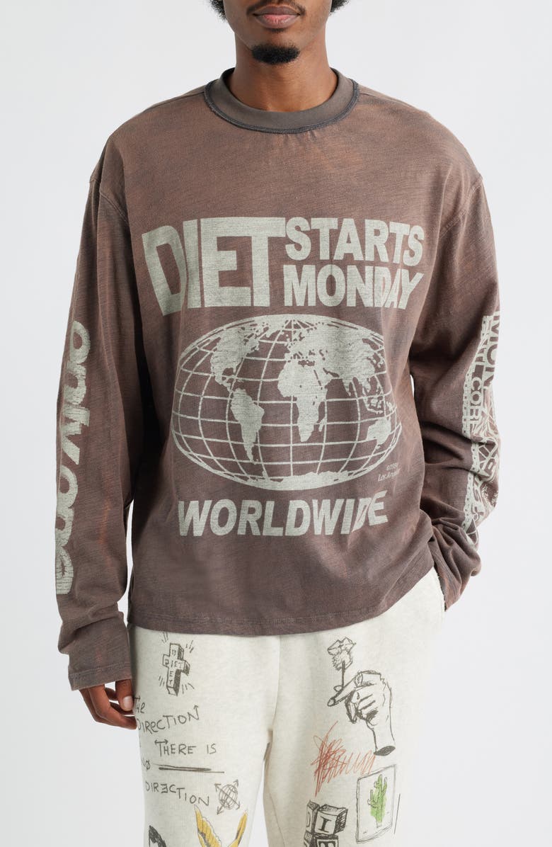DIET STARTS MONDAY Worldwide Long Sleeve Cotton Graphic T-Shirt, Main, color, Vintage Black