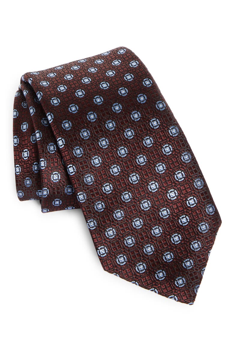 Cinque Pieghe Medallion Silk Tie, Main, color, BURGUNDY
