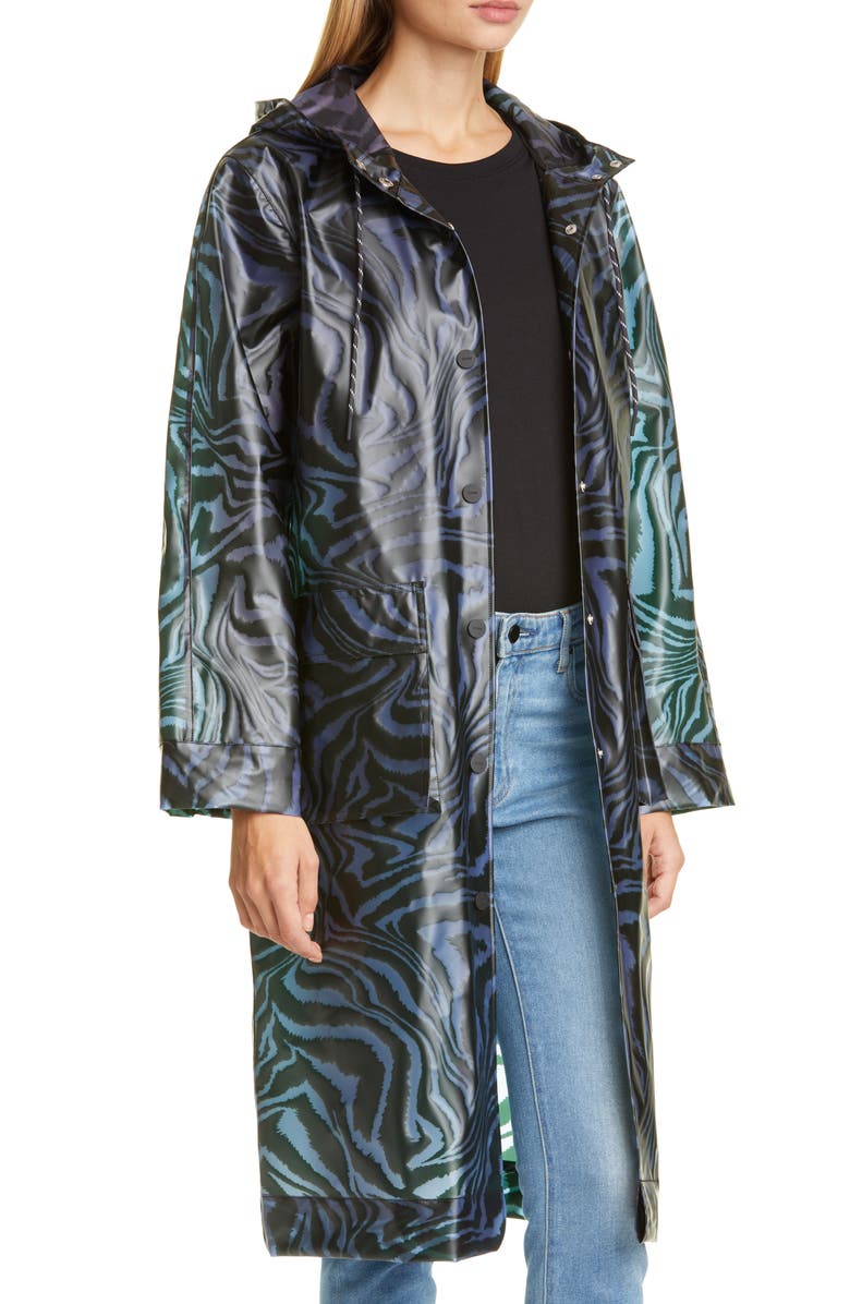 Ganni Tiger Print Water Repellent Biodegradable Raincoat, Alternate, color, 