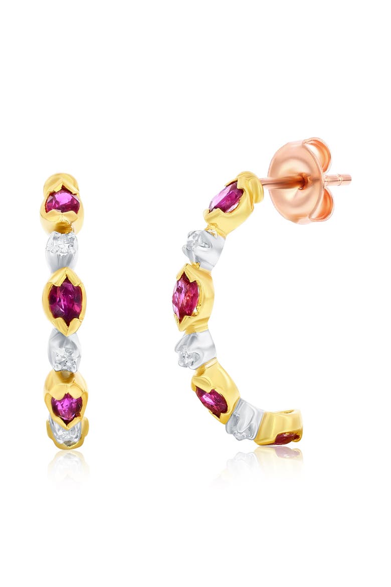 14K Two-Tone Gold Ruby & Diamond Huggie Hoop Earrings, Main, color, Red