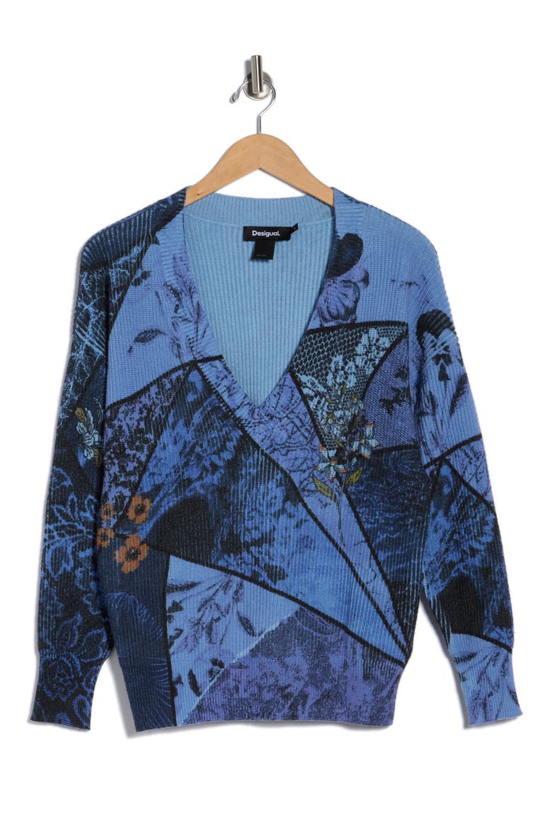 Floral Ribbed Pullover Sweater, Alternate, color, BLUE